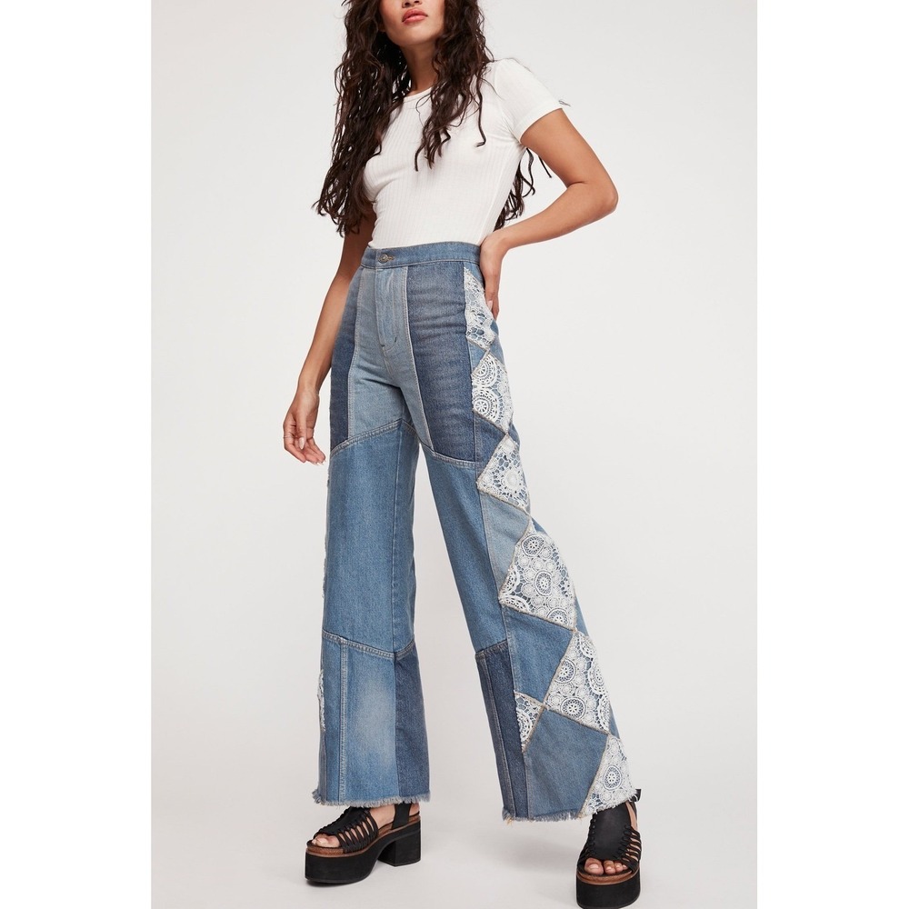 Free People In My Element Patched Flare Jeans Blue Lace Crochet 25